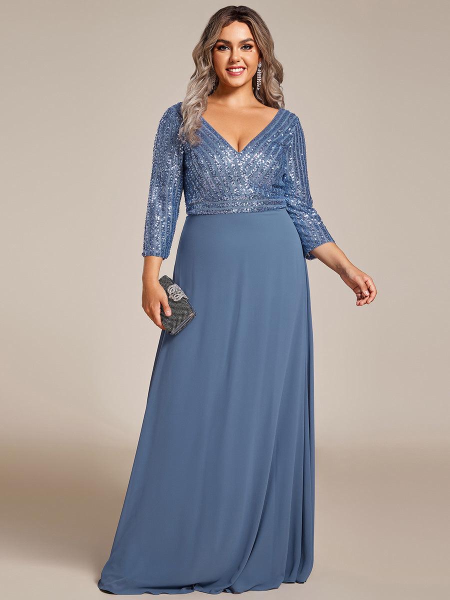 Robe de Soirée Longue Sexy à Col en V et Paillettes avec Manches 3/4 #Couleur_Marine Fume