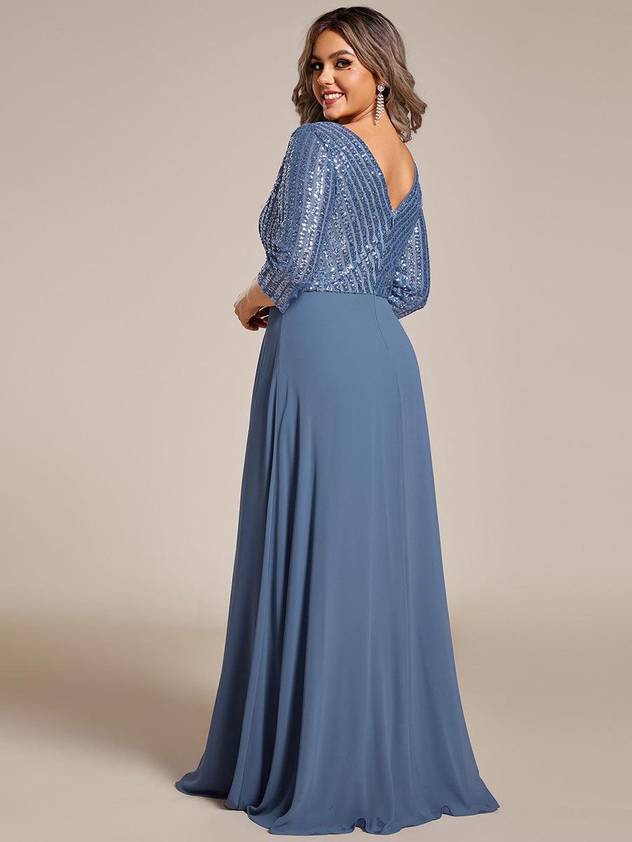 Robe de Soirée Longue Sexy à Col en V et Paillettes avec Manches 3/4 #Couleur_Marine Fume