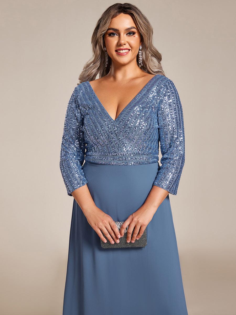 Robe de Soirée Longue Sexy à Col en V et Paillettes avec Manches 3/4 #Couleur_Marine Fume