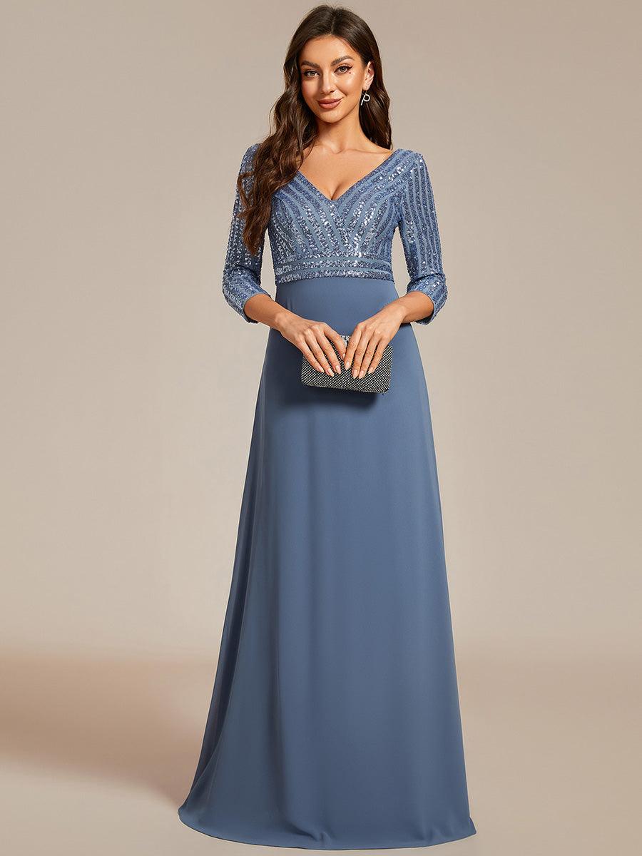 Robe de Soirée Longue Sexy à Col en V et Paillettes avec Manches 3/4 #Couleur_Marine Fume