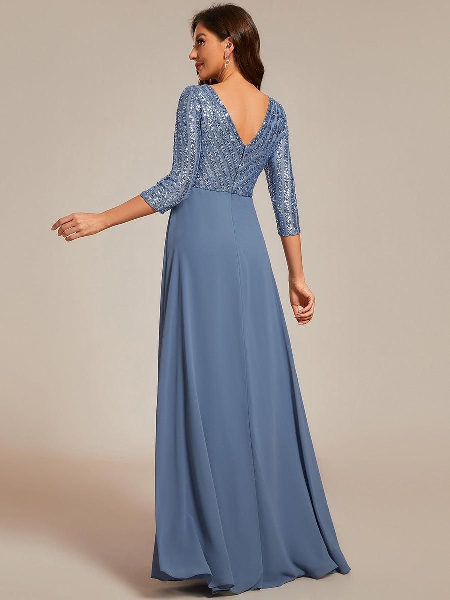 Robe de Soirée Longue Sexy à Col en V et Paillettes avec Manches 3/4 #Couleur_Marine Fume