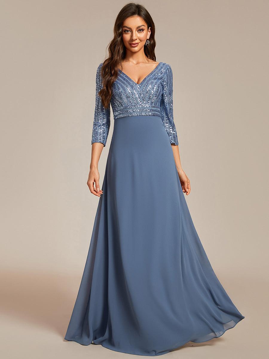 Robe de Soirée Longue Sexy à Col en V et Paillettes avec Manches 3/4 #Couleur_Marine Fume