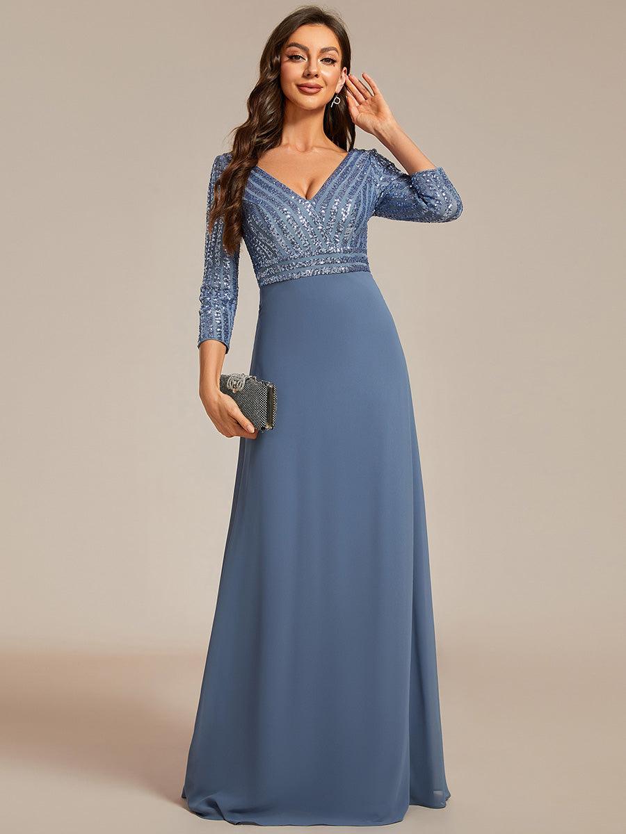 Robe de Soirée Longue Sexy à Col en V et Paillettes avec Manches 3/4 #Couleur_Marine Fume