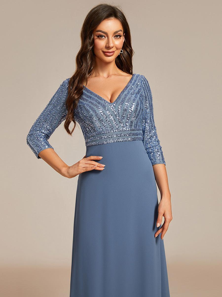Robe de Soirée Longue Sexy à Col en V et Paillettes avec Manches 3/4 #Couleur_Marine Fume