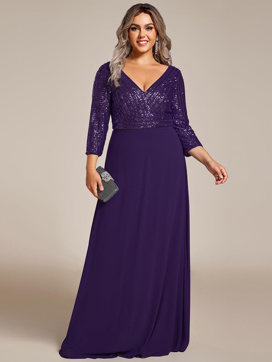Robe de Soirée Longue Sexy à Col en V et Paillettes avec Manches 3/4 #Couleur_Violet Fonce