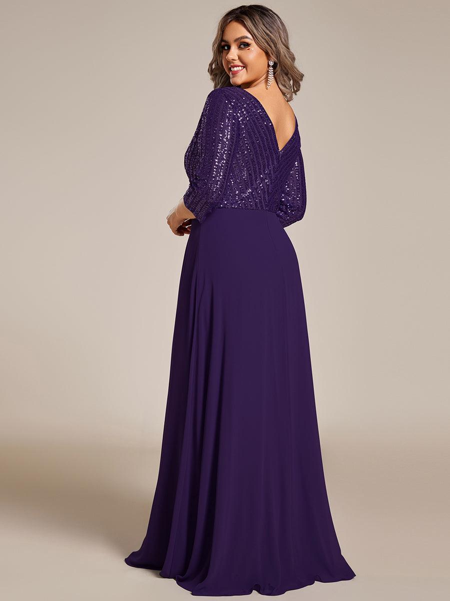 Robe de Soirée Longue Sexy à Col en V et Paillettes avec Manches 3/4 #Couleur_Violet Fonce