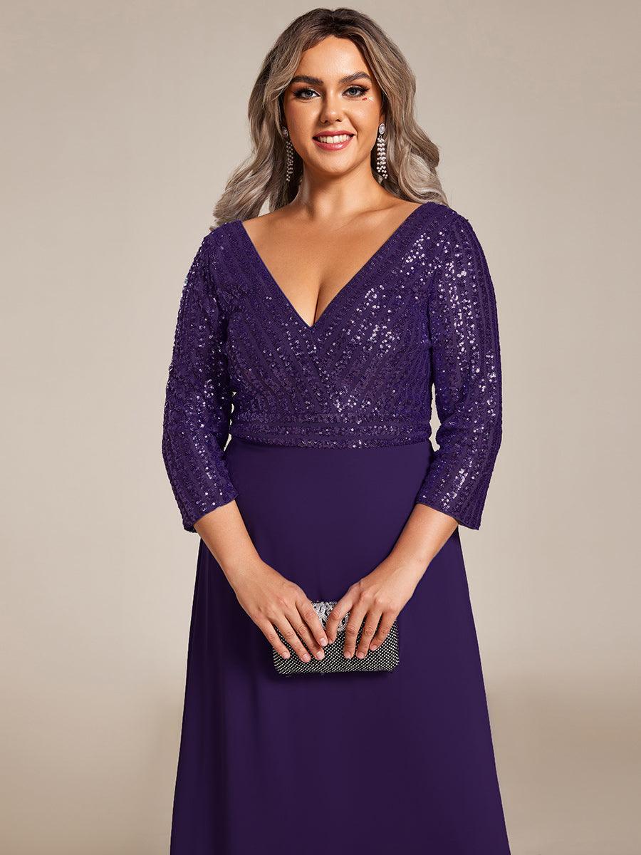 Robe de Soirée Longue Sexy à Col en V et Paillettes avec Manches 3/4 #Couleur_Violet Fonce