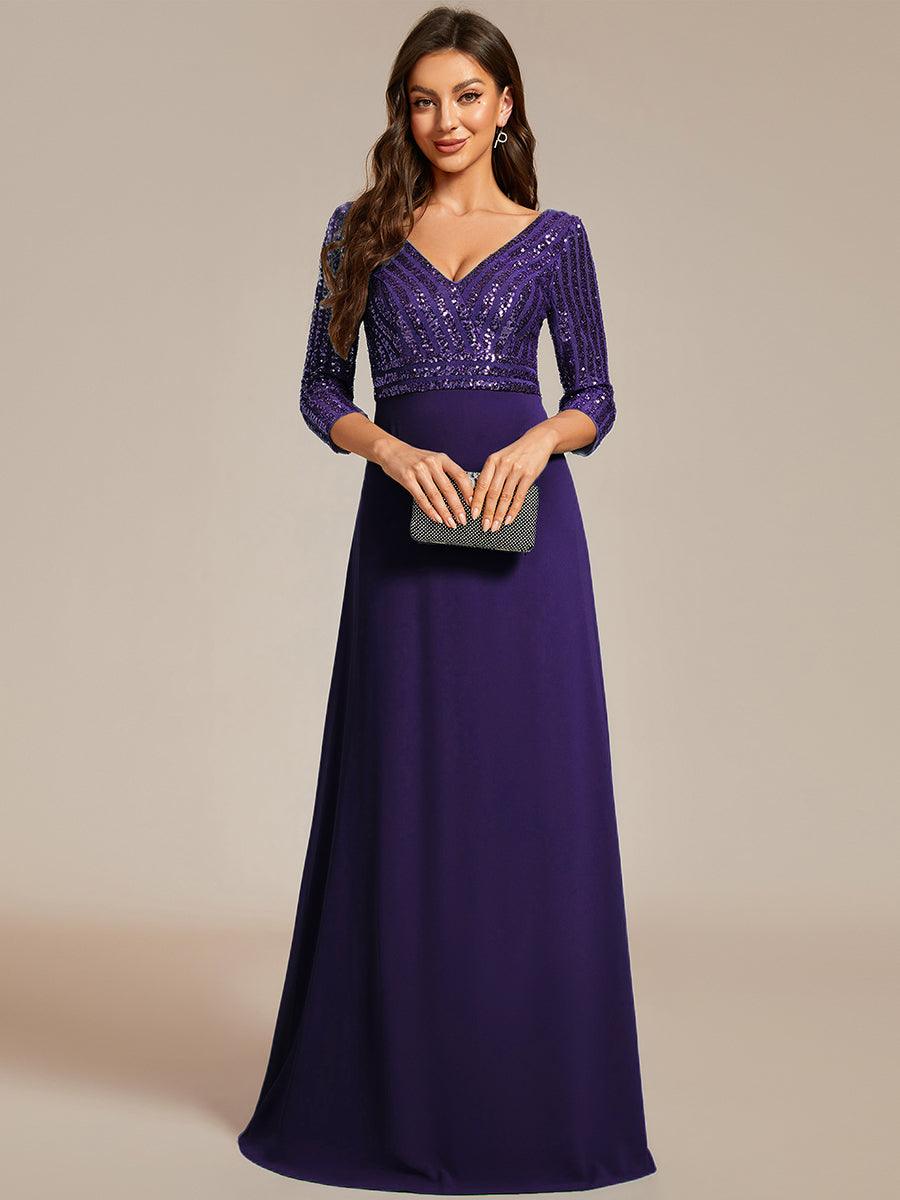 Robe de Soirée Longue Sexy à Col en V et Paillettes avec Manches 3/4 #Couleur_Violet Fonce