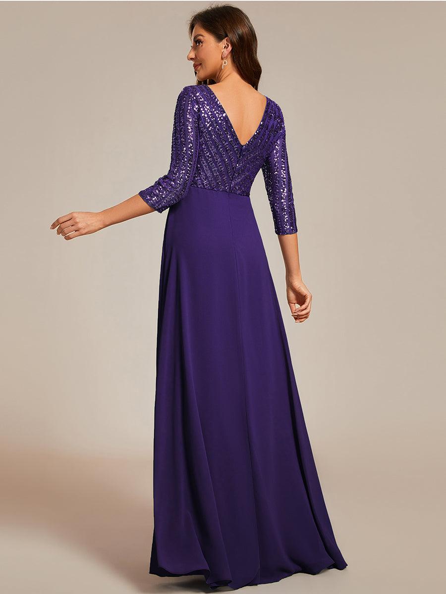 Robe de Soirée Longue Sexy à Col en V et Paillettes avec Manches 3/4 #Couleur_Violet Fonce