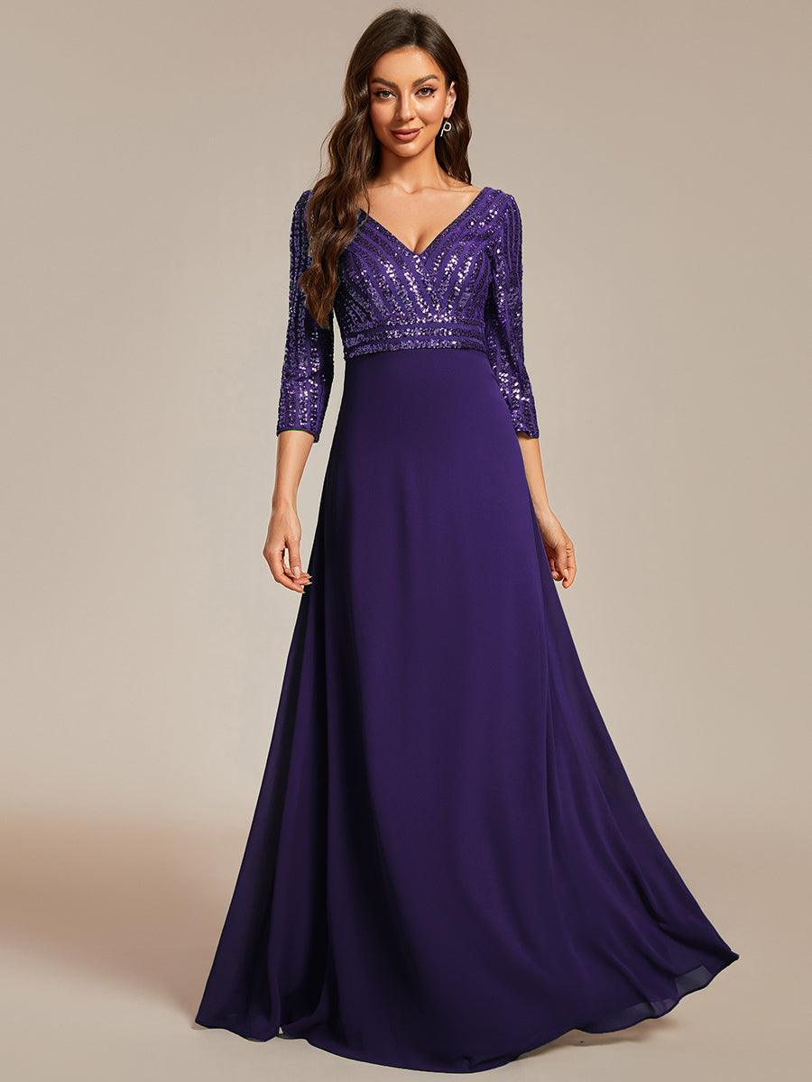 Robe de Soirée Longue Sexy à Col en V et Paillettes avec Manches 3/4 #Couleur_Violet Fonce