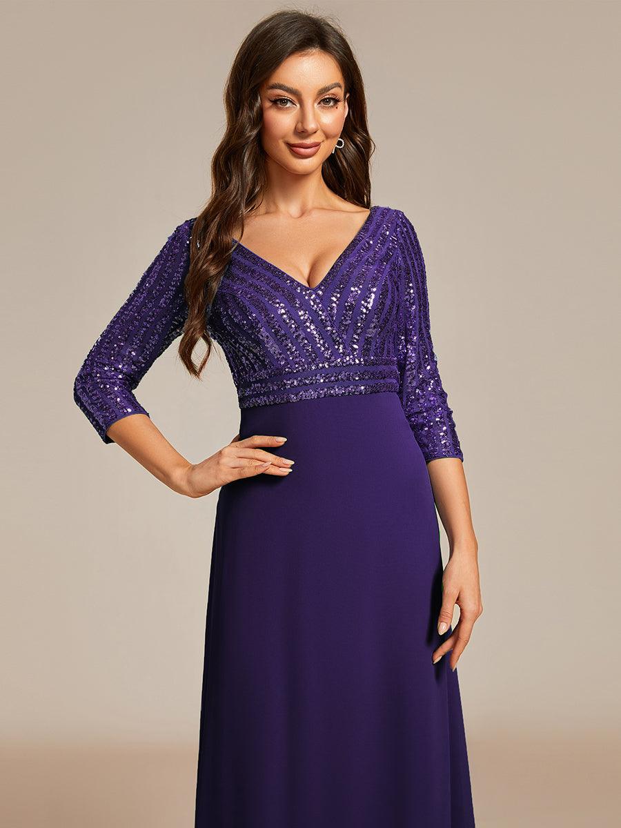 Robe de Soirée Longue Sexy à Col en V et Paillettes avec Manches 3/4 #Couleur_Violet Fonce