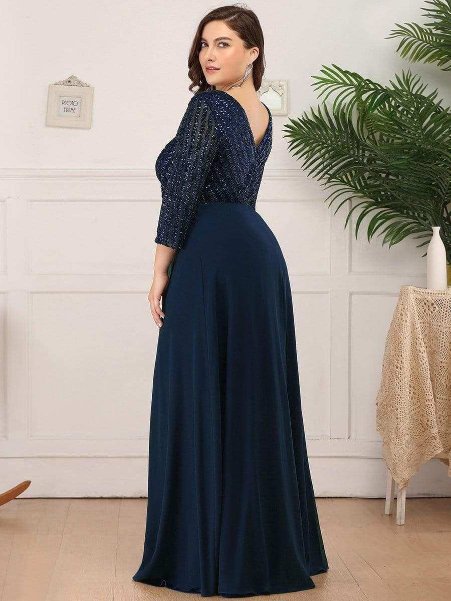 Robe de Soirée Longue Sexy à Col en V et Paillettes avec Manches 3/4 #Couleur_Bleu Marine