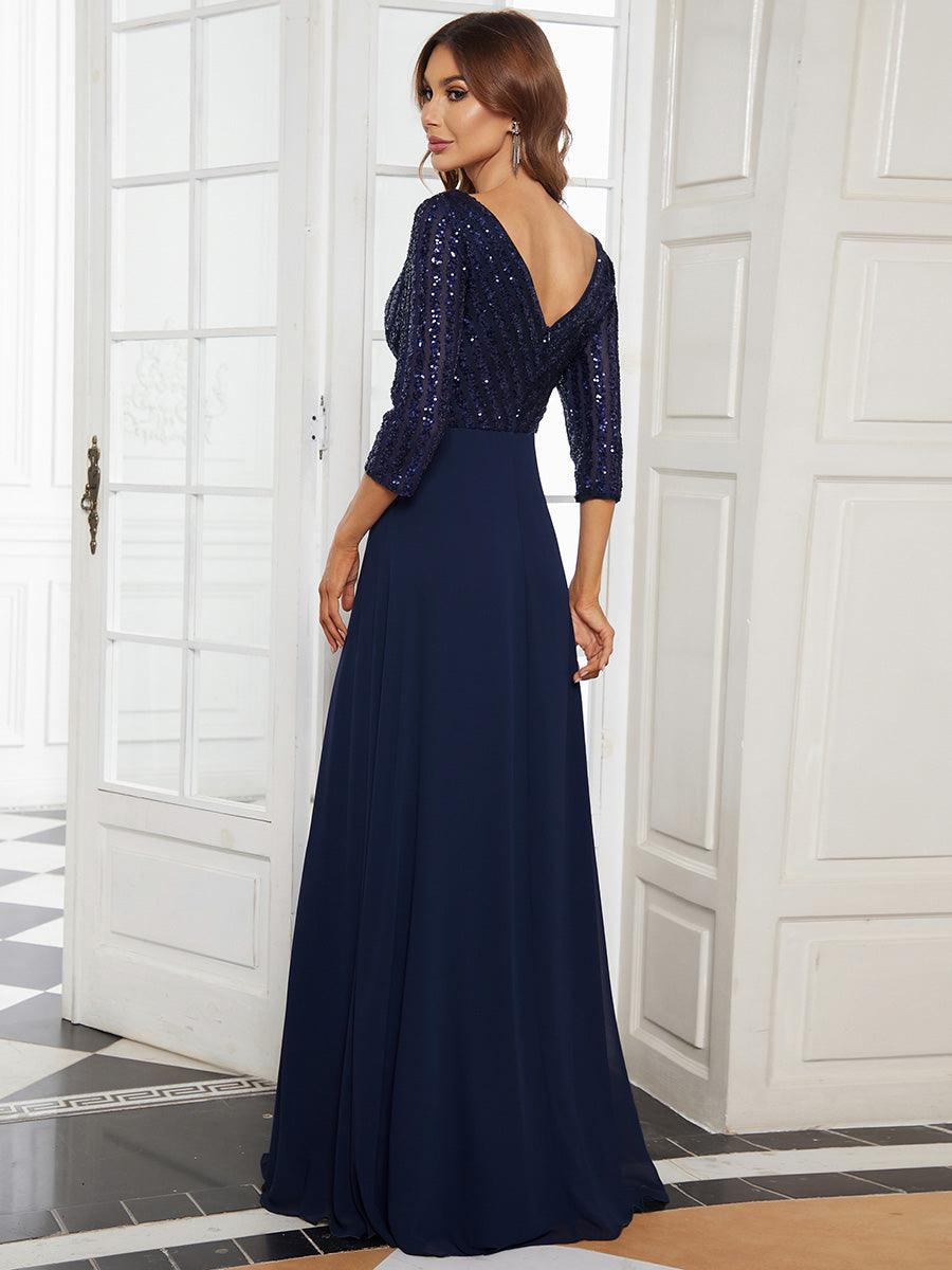 Robe de Soirée Longue Sexy à Col en V et Paillettes avec Manches 3/4 #Couleur_Bleu Marine