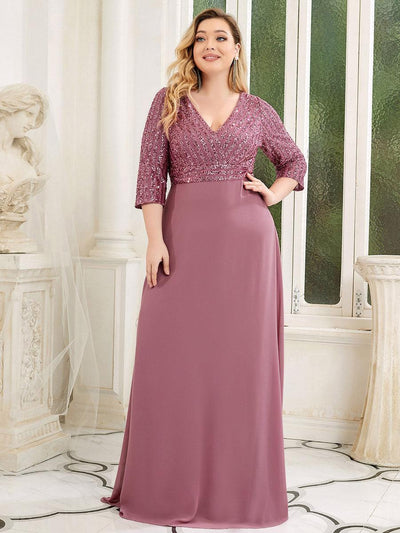 pretty LUENA|Robe de soirée à paillettes, col V, taille plus, avec manches, décolleté en A