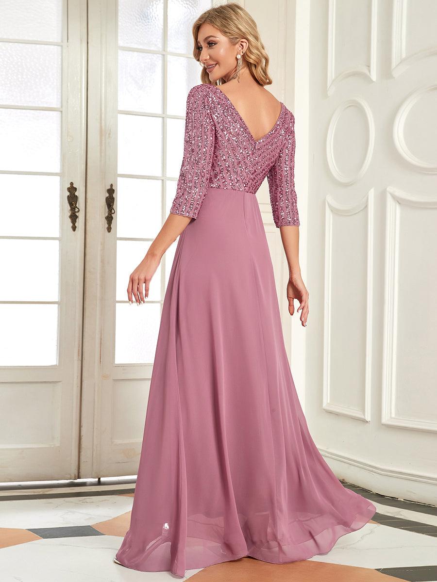 Robe de Soirée Longue Sexy à Col en V et Paillettes avec Manches 3/4 #Couleur_Orchidee
