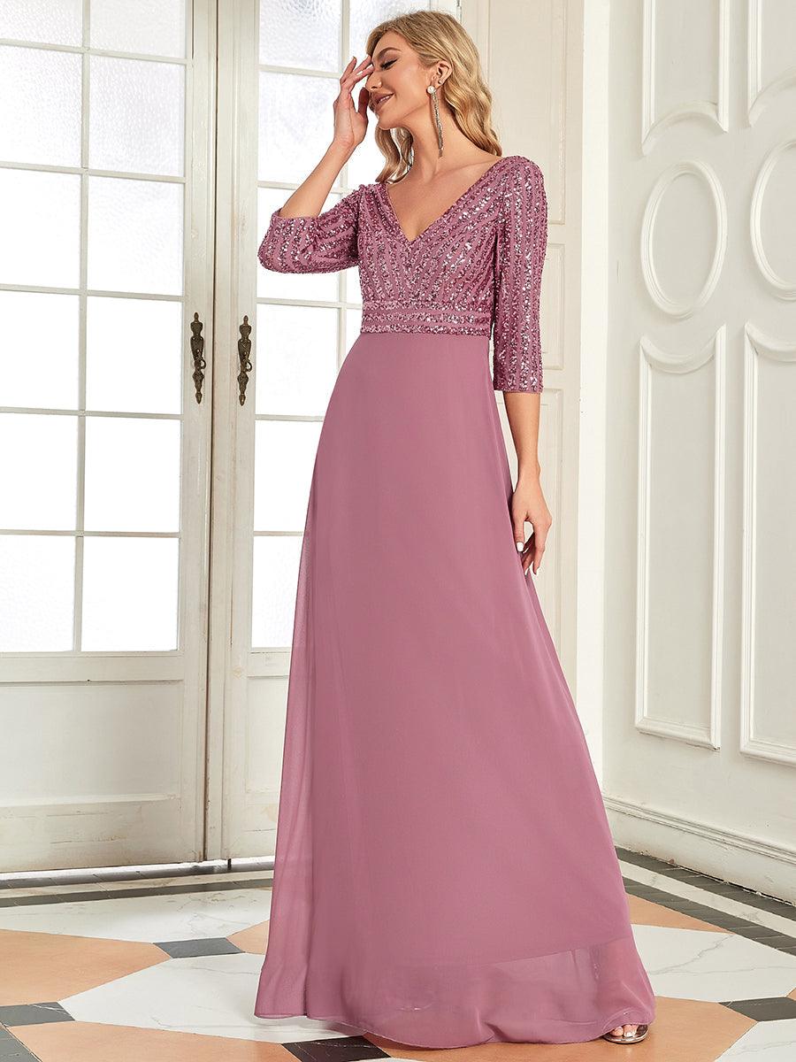 Robe de Soirée Longue Sexy à Col en V et Paillettes avec Manches 3/4 #Couleur_Orchidee