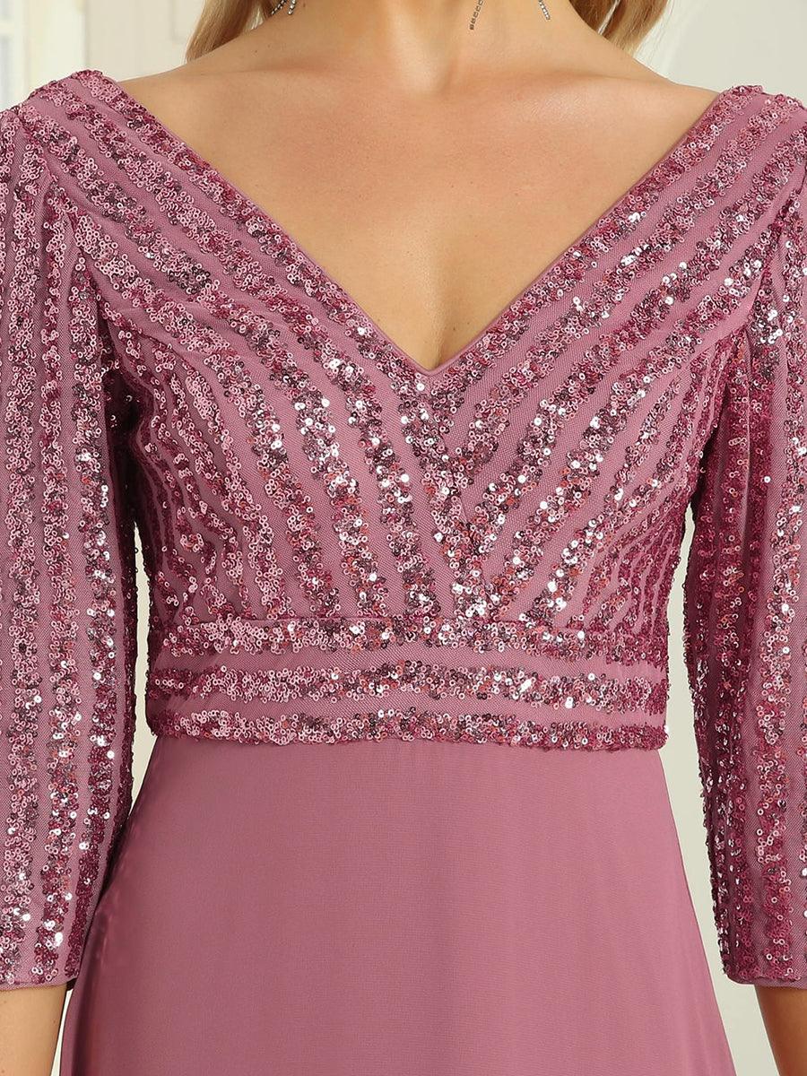 Robe de Soirée Longue Sexy à Col en V et Paillettes avec Manches 3/4 #Couleur_Orchidee