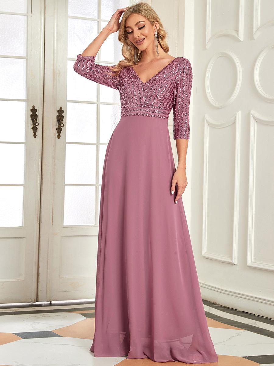 Robe de Soirée Longue Sexy à Col en V et Paillettes avec Manches 3/4 #Couleur_Orchidee