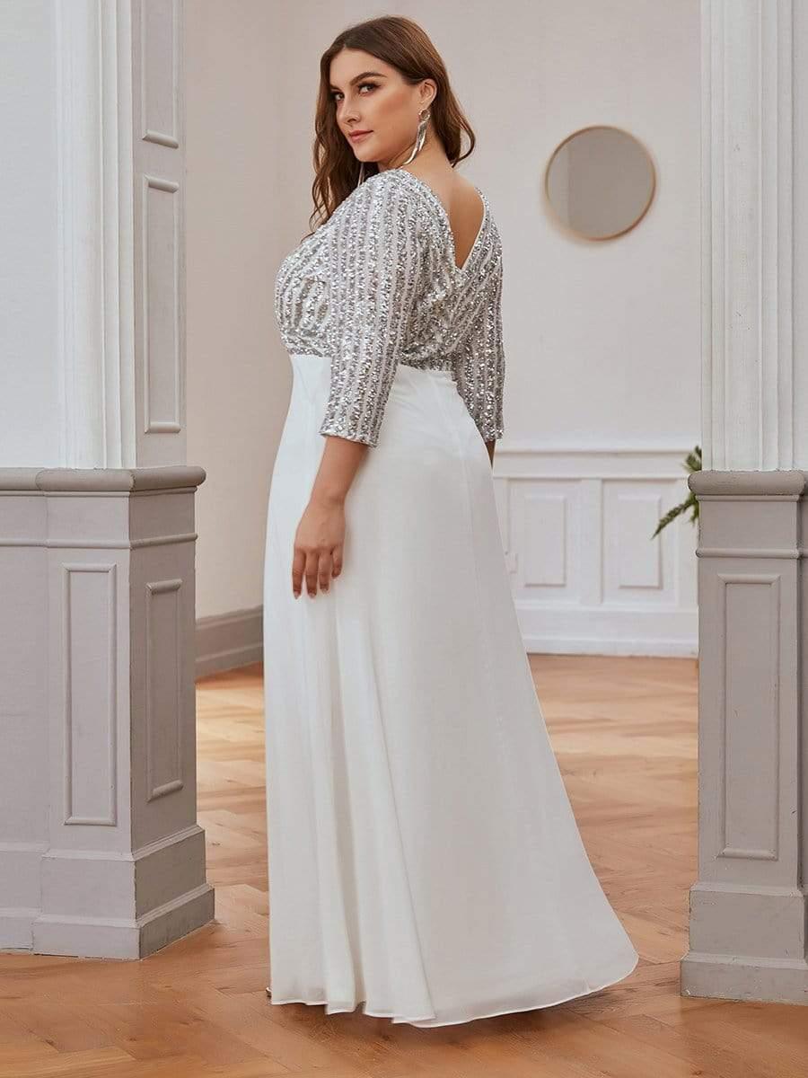 Robe de Soirée Longue Sexy à Col en V et Paillettes avec Manches 3/4 #Couleur_Blanc