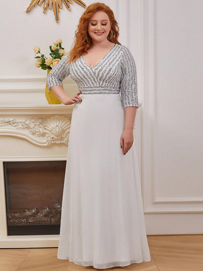 pretty LUENA|Robe de soirée à paillettes, col V, taille plus, avec manches, décolleté en A
