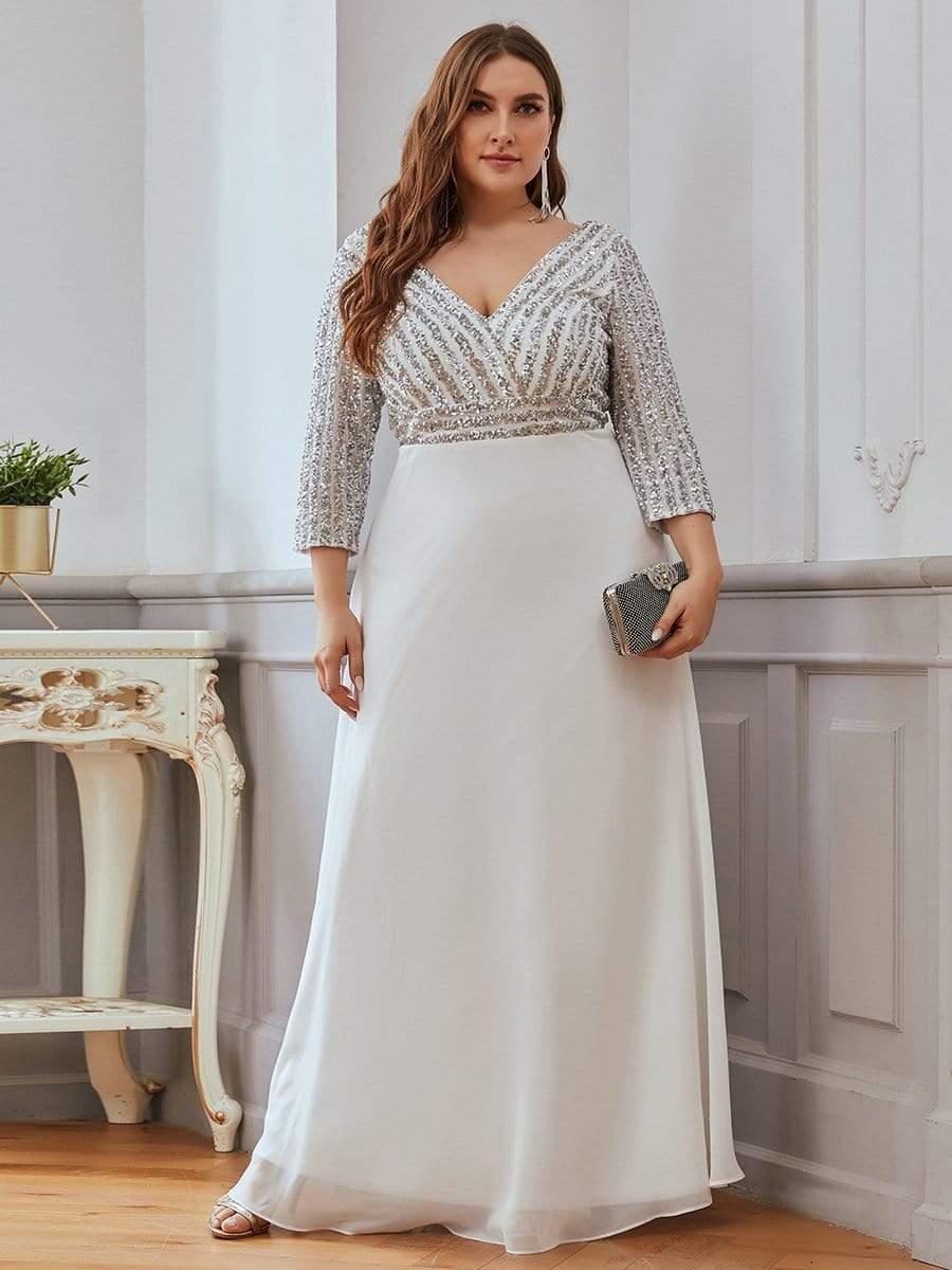 Robe de Soirée Longue Sexy à Col en V et Paillettes avec Manches 3/4 #Couleur_Blanc