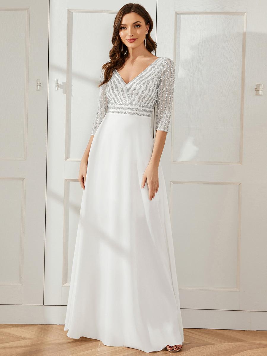 Robe de Soirée Longue Sexy à Col en V et Paillettes avec Manches 3/4 #Couleur_Blanc