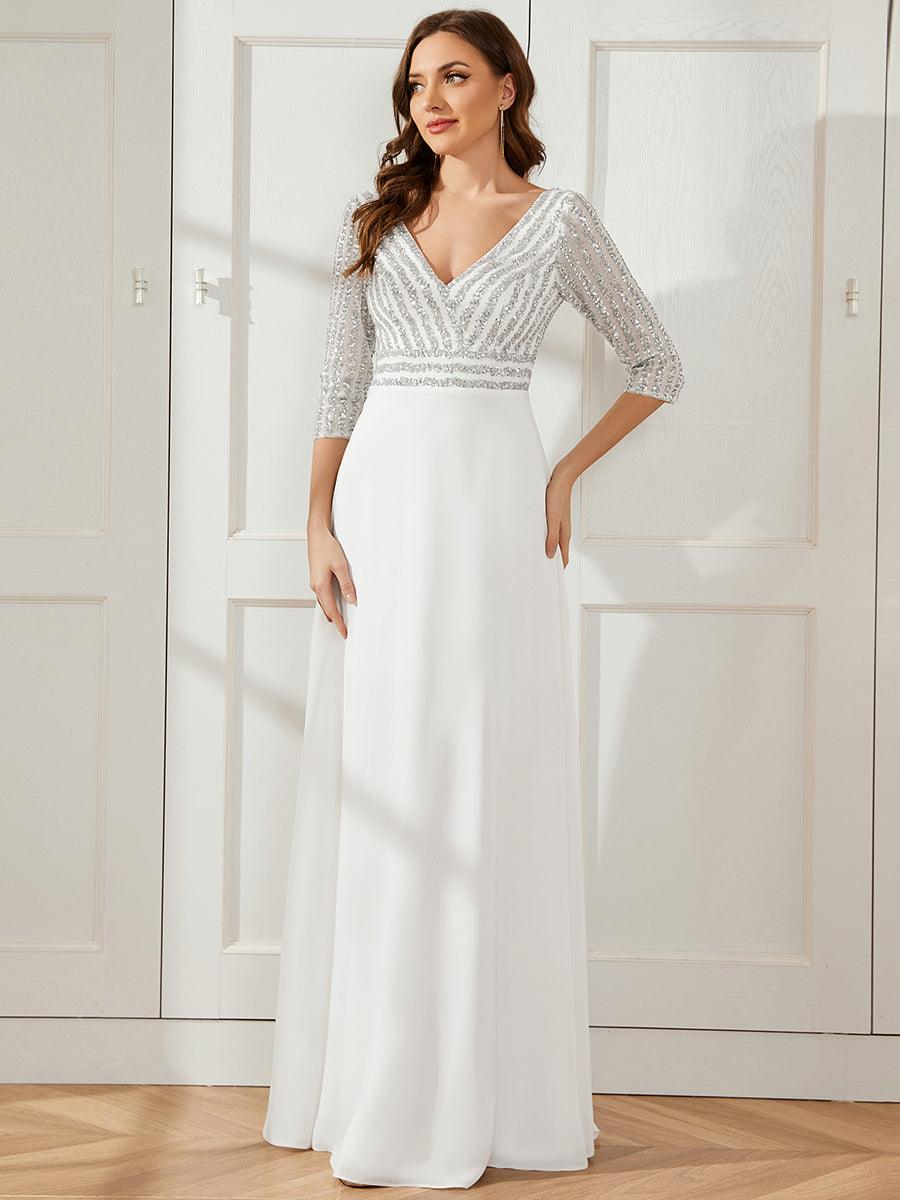 Robe de Soirée Longue Sexy à Col en V et Paillettes avec Manches 3/4 #Couleur_Blanc