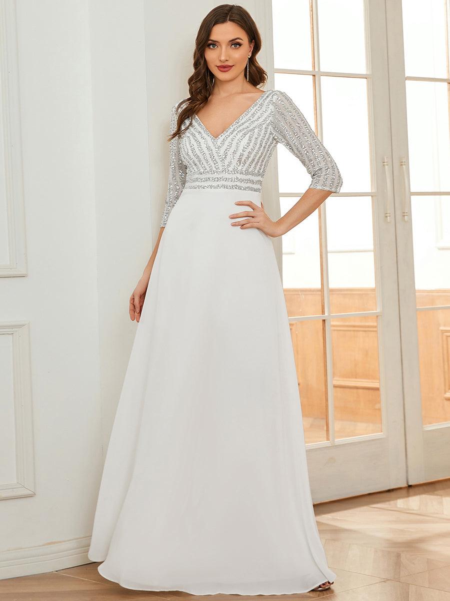 Robe de Soirée Longue Sexy à Col en V et Paillettes avec Manches 3/4 #Couleur_Blanc