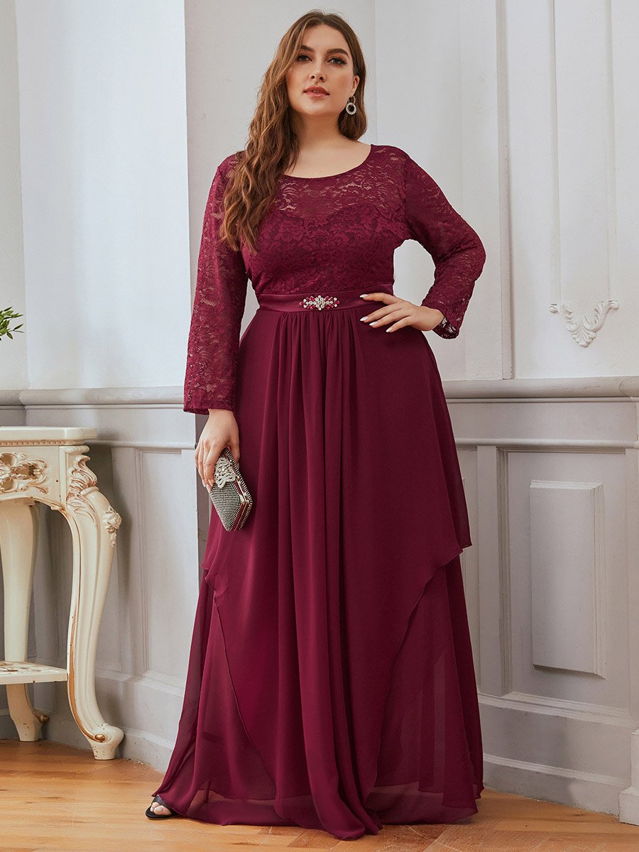 Color=Bordeaux | Robes de mariée classiques en dentelle flottante à manches longues pour femmes-Bordeaux 1