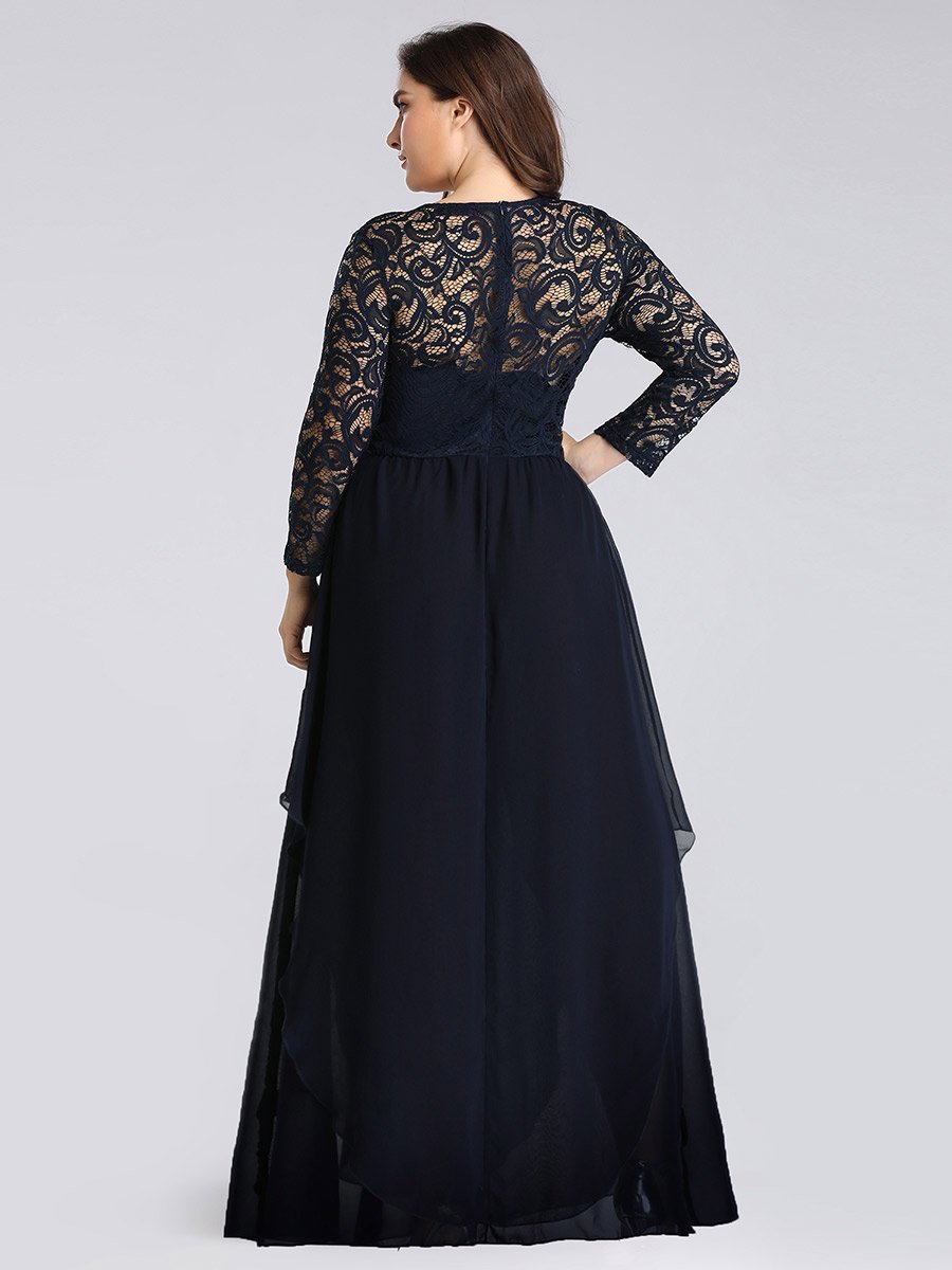 Color=Bleu Marine | Robes de mariée classiques en dentelle flottante à manches longues pour femmes-Bleu Marine 2