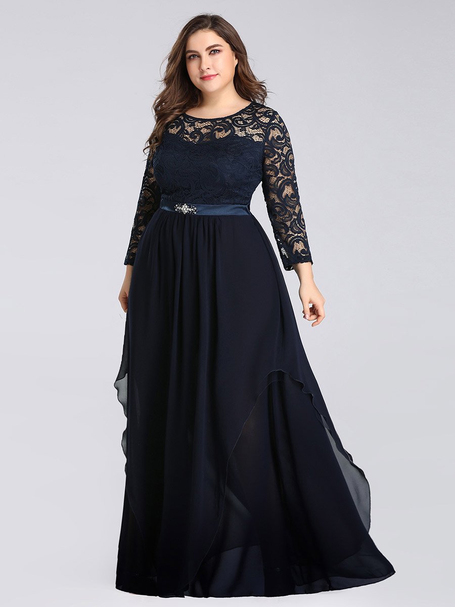 Color=Bleu Marine | Robes de mariée classiques en dentelle flottante à manches longues pour femmes-Bleu Marine 3