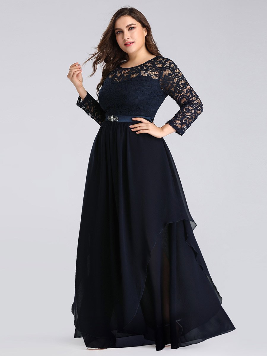 Color=Bleu Marine | Robes de mariée classiques en dentelle flottante à manches longues pour femmes-Bleu Marine 4