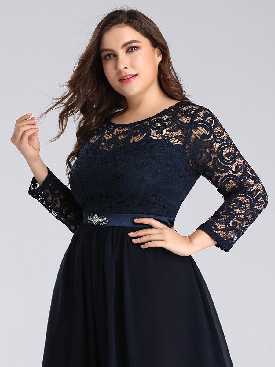 Color=Bleu Marine | Robes de mariée classiques en dentelle flottante à manches longues pour femmes-Bleu Marine 5