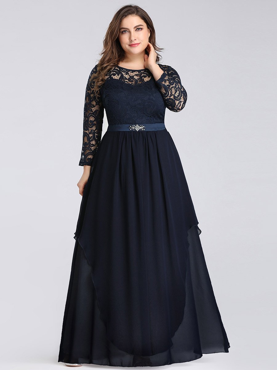 Color=Bleu Marine | Robes de mariée classiques en dentelle flottante à manches longues pour femmes-Bleu Marine 1