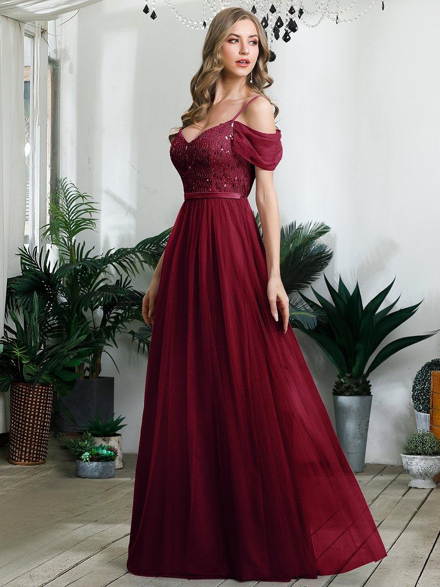 Robe Demoiselle d'Honneur en Tulle Longue Femme Épaules Dénudées #Couleur_Bordeaux