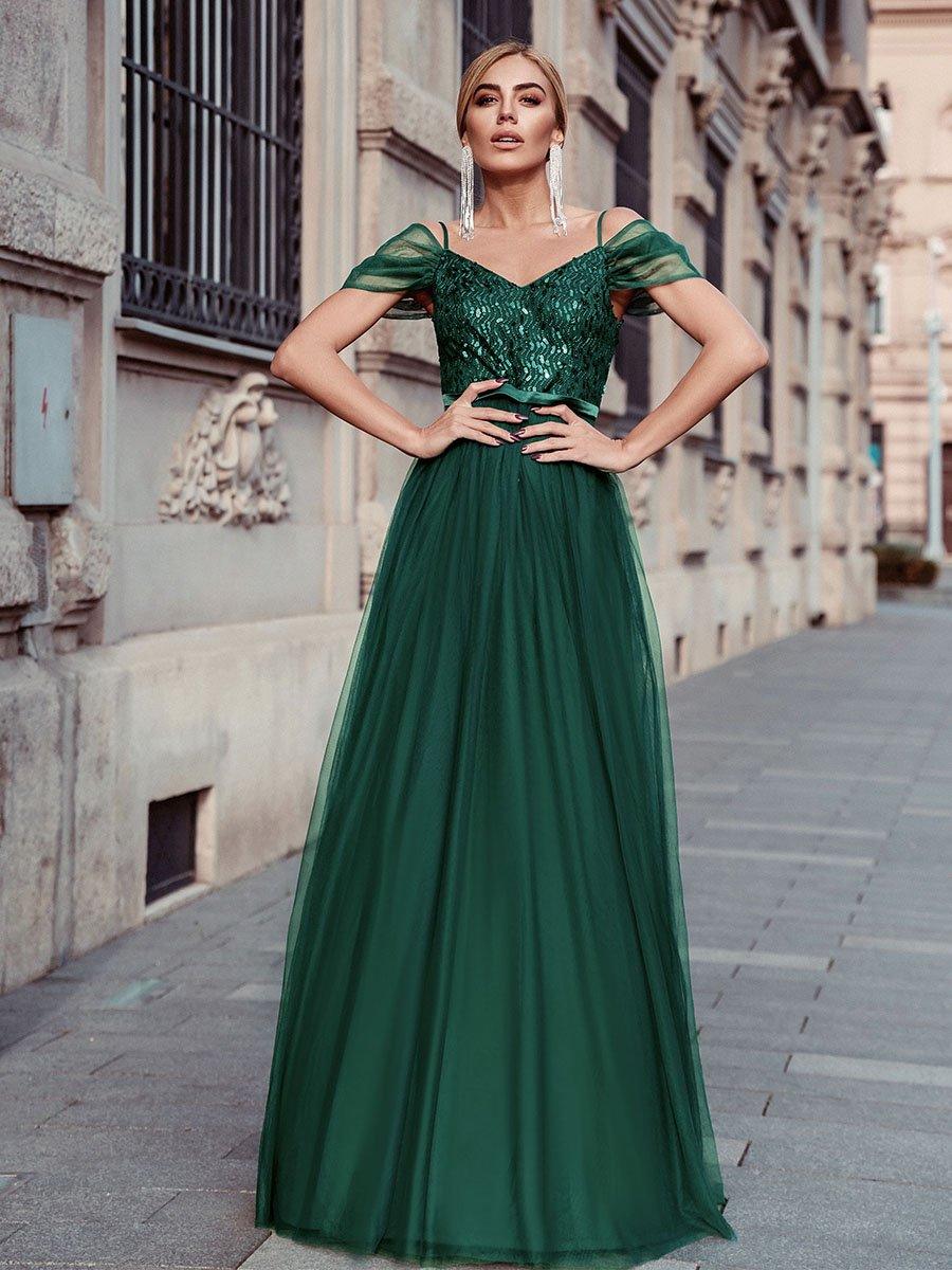 Robe Demoiselle d'Honneur en Tulle Longue Femme Épaules Dénudées #Couleur_Vert Fonce