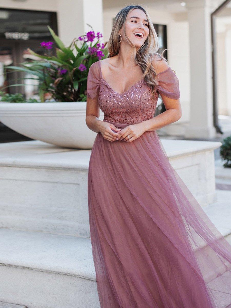 Robe Demoiselle d'Honneur en Tulle Longue Femme Épaules Dénudées #Couleur_Orchidee