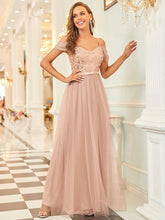 Robe Demoiselle d'Honneur en Tulle Longue Femme Épaules Dénudées #Couleur_Or Rose