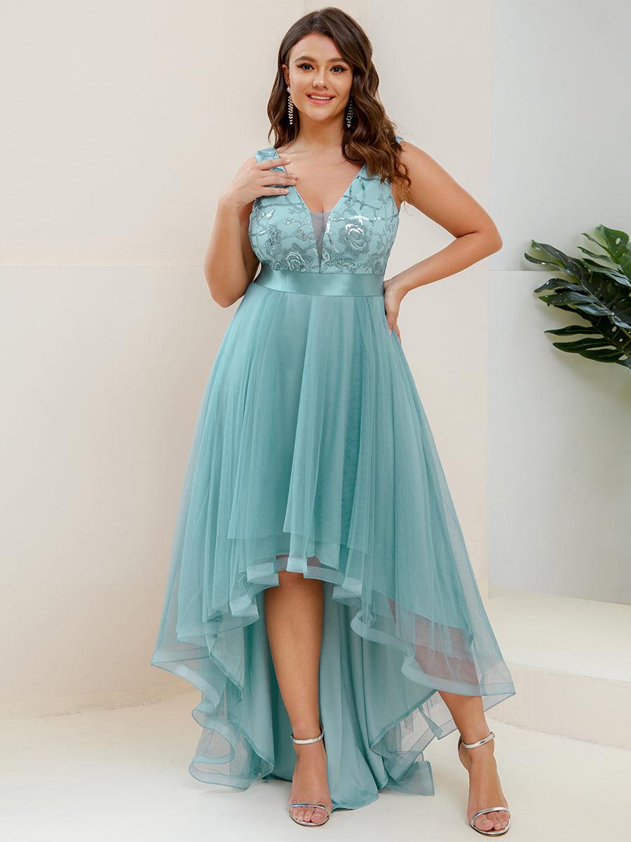 Robes de bal Asymétrique Tulle Paillettes High Low Grande taille #Couleur_Bleu Fume