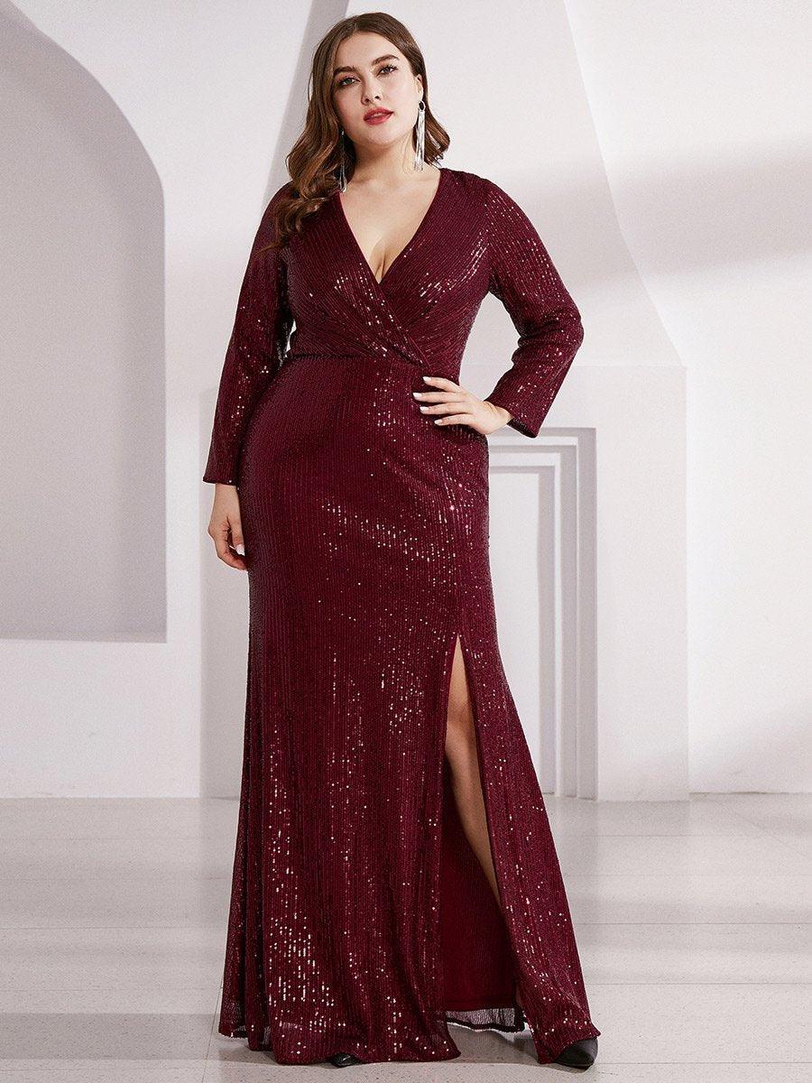 Robe de Soirée Grande Taille Brillante à Paillettes avec Fente #Couleur_Bordeaux