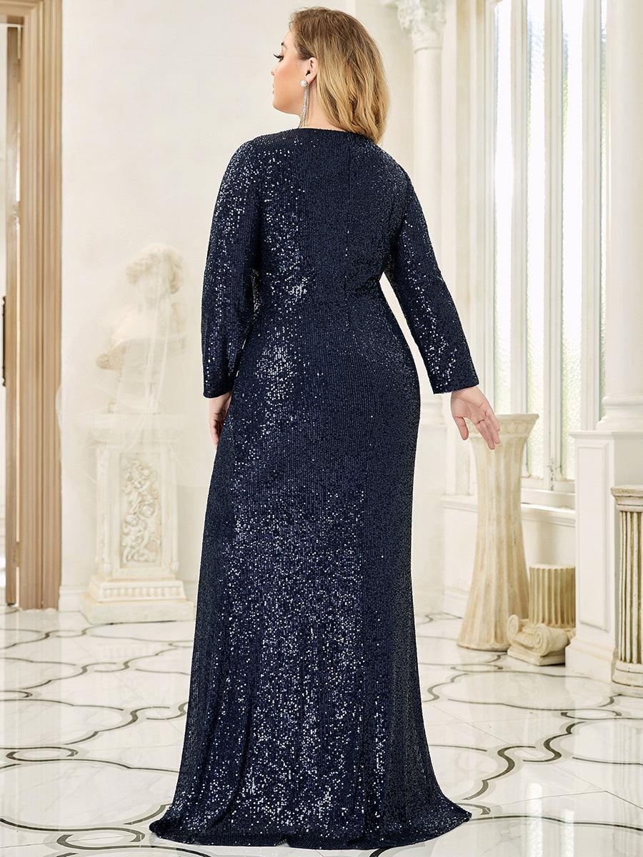 Robe de Soirée Grande Taille Brillante à Paillettes avec Fente #Couleur_Bleu Marine