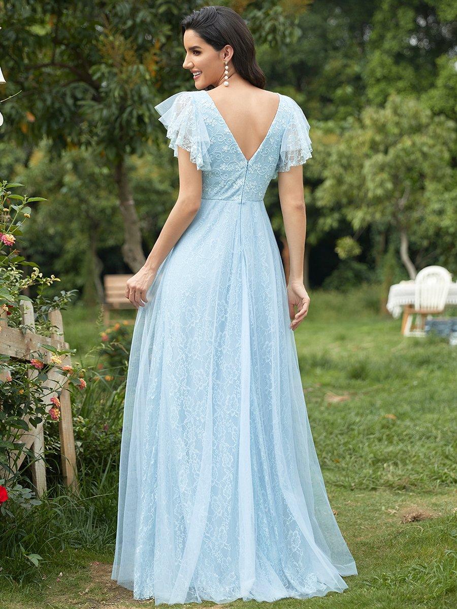 Robe de marie longue en dentelle avec manches  volants et col V double #Couleur_Bleu ciel