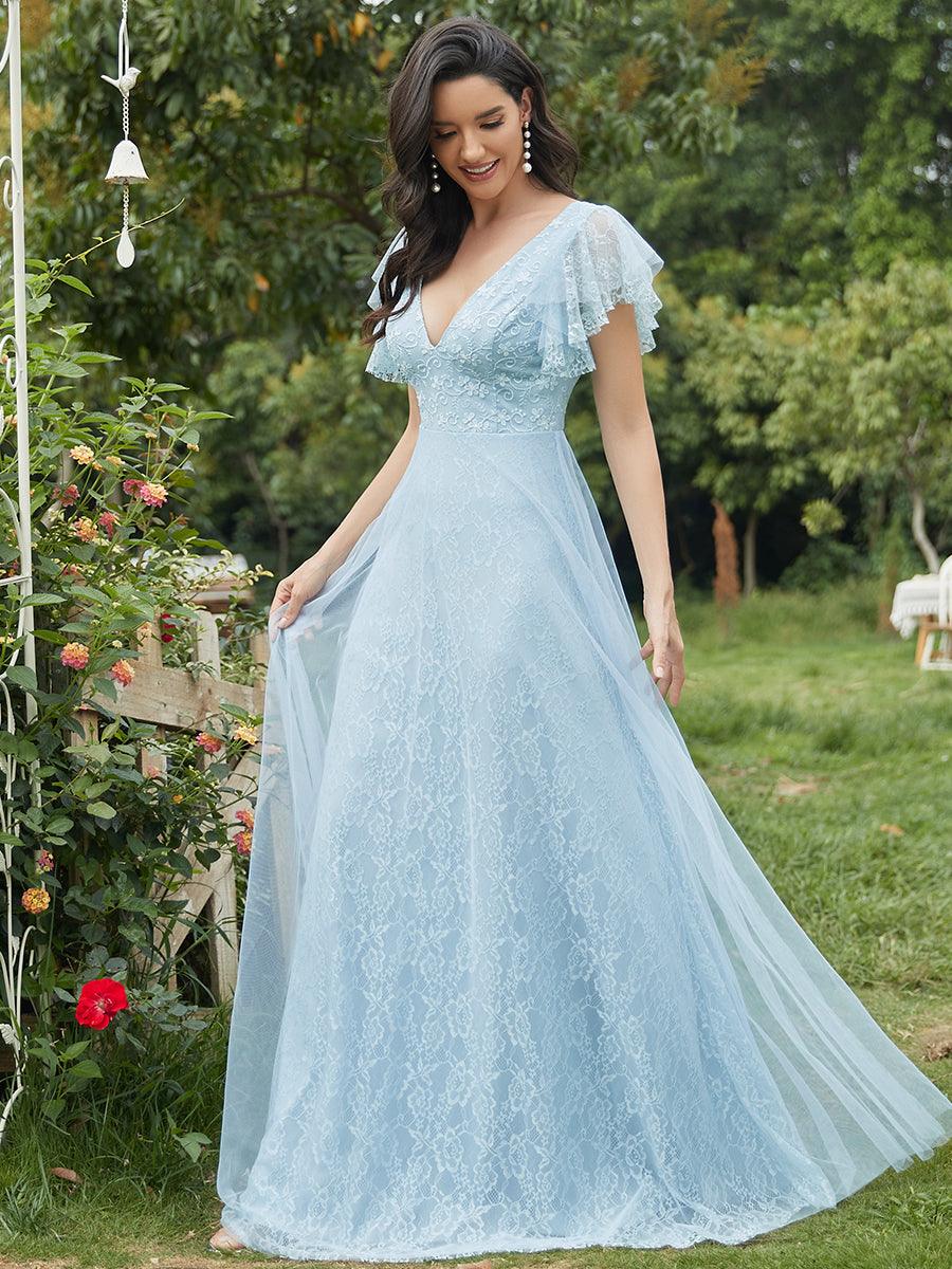 Robe de marie longue en dentelle avec manches  volants et col V double #Couleur_Bleu ciel