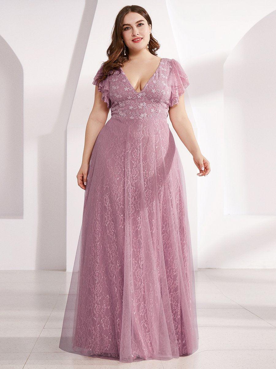 Robe de marie longue en dentelle avec manches  volants et col V double #Couleur_Orchidee