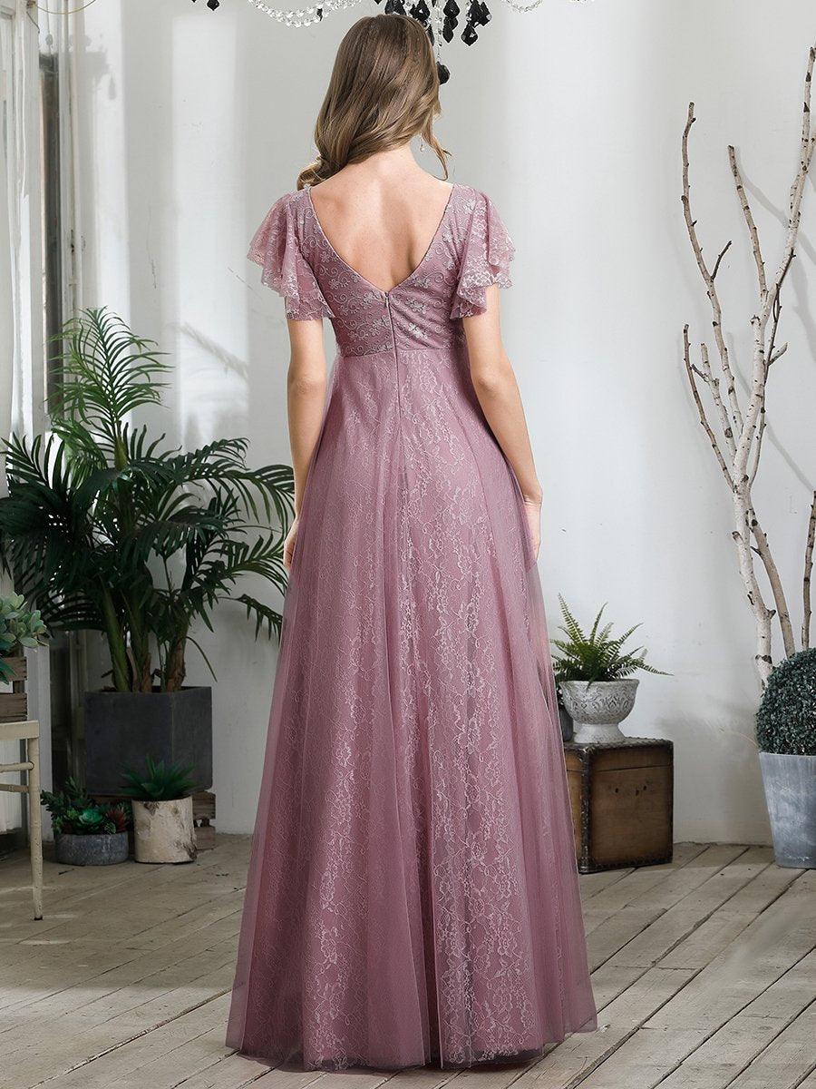 Robe de marie longue en dentelle avec manches  volants et col V double #Couleur_Orchidee