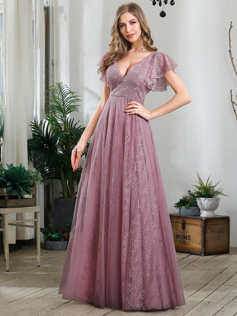 Robe de marie longue en dentelle avec manches  volants et col V double #Couleur_Orchidee