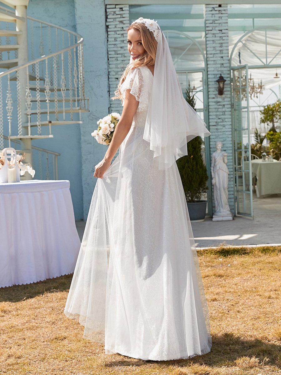 élégante robe de mariée longue en dentelle avec manches à volants