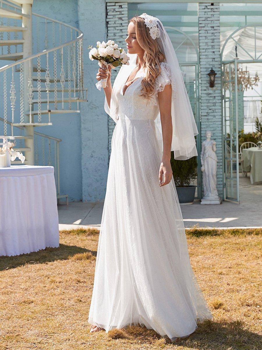 élégante robe de mariée longue en dentelle avec manches à volants