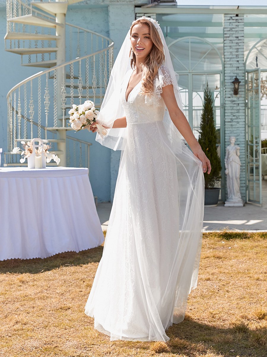 élégante robe de mariée longue en dentelle avec manches à volants
