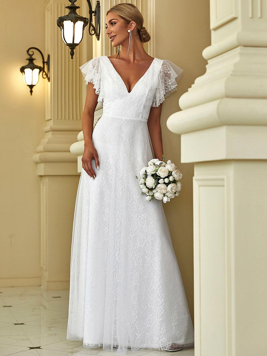 Robe de marie longue en dentelle avec manches  volants et col V double #Couleur_Blanc